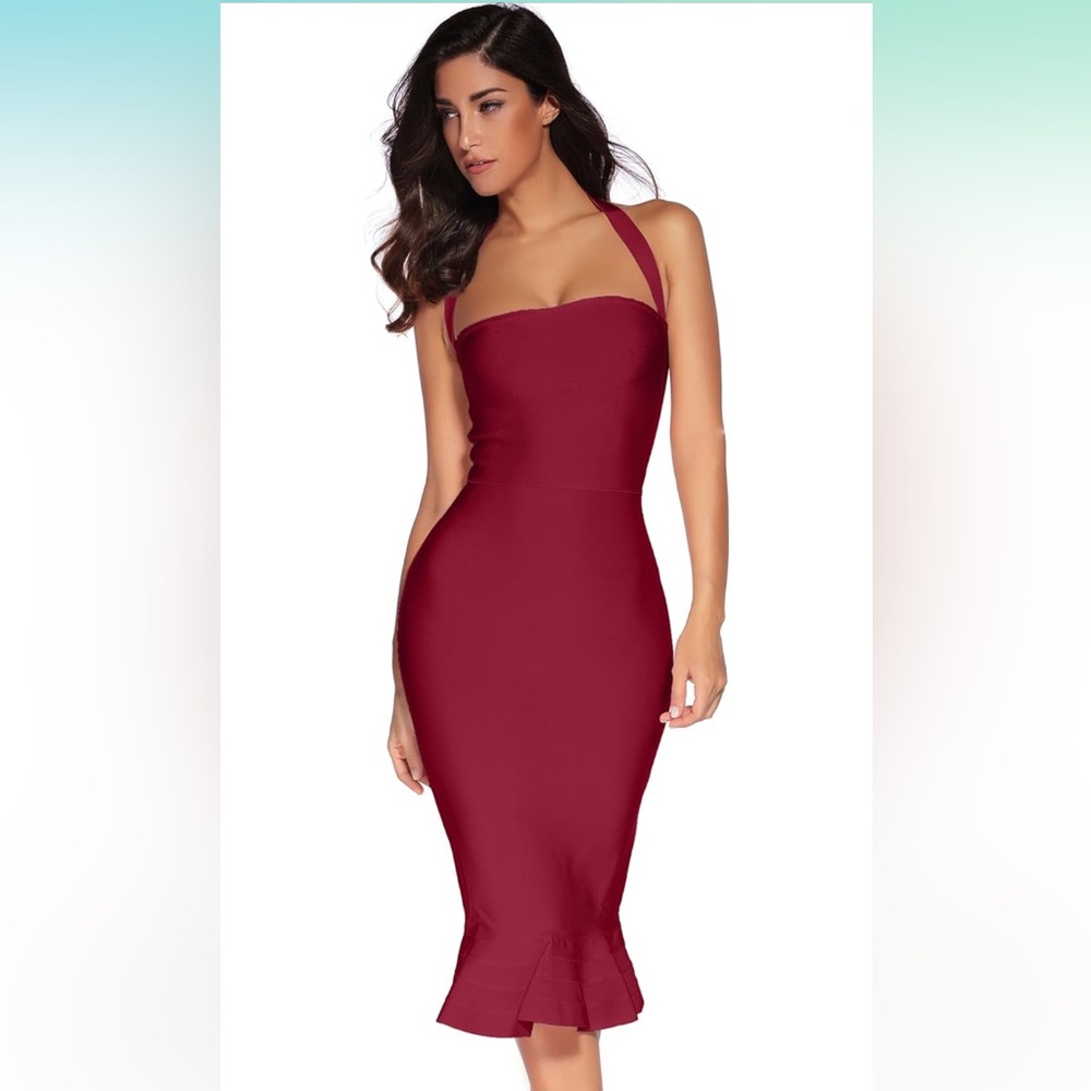 Who in shop burgundy fishtail bandage dress size medium